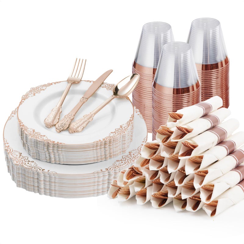 Bestluck 175PCS Rose Gold Plastic Plates for 25 Guests Disposable Dinnerware Sets Include 50 Rose Gold Rim Plastic Plates 25 Silverwares and 25 Cups 25 Pre Rolled Napkins for Party Graduation
